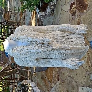 Vintage Yours Trulee bohemian chunky knit cream heavily fringed cardigan sweater